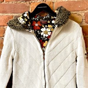 Vintage INDUSTRY Cream Sweater Zip-Up Jacket with Faux Fur Hood. Medium.